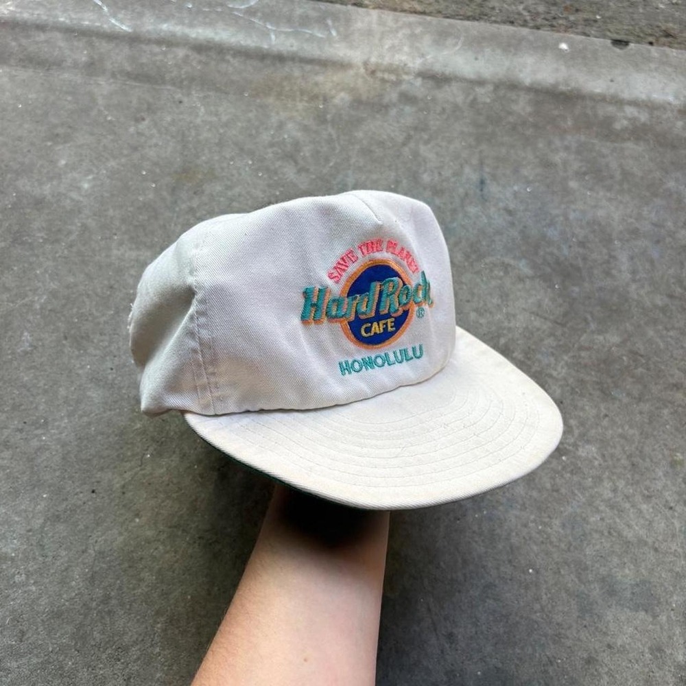 Vintage 90s Hard Rock Cafe Honolulu Hawaii white and green snapback hat